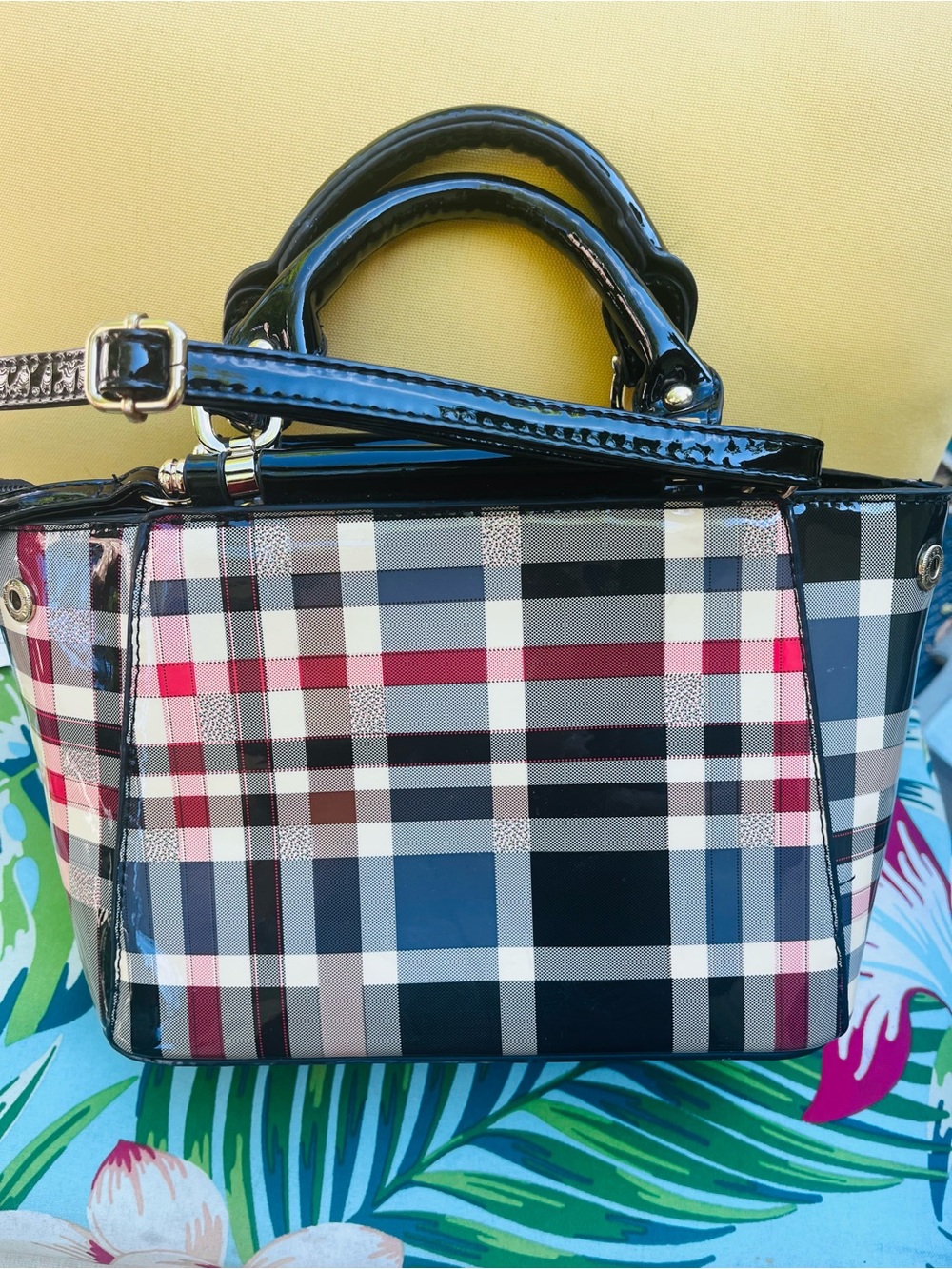 Fashion Burberry Black Plaid Patent Satchel with Burgundy Accents - Picture 3 of 3